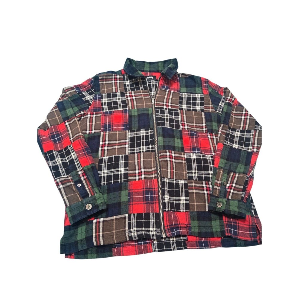 STUSSY Patchwork Full Zip Cotton Flannel Shirt Jacket Check Plaid Madras M C22.4